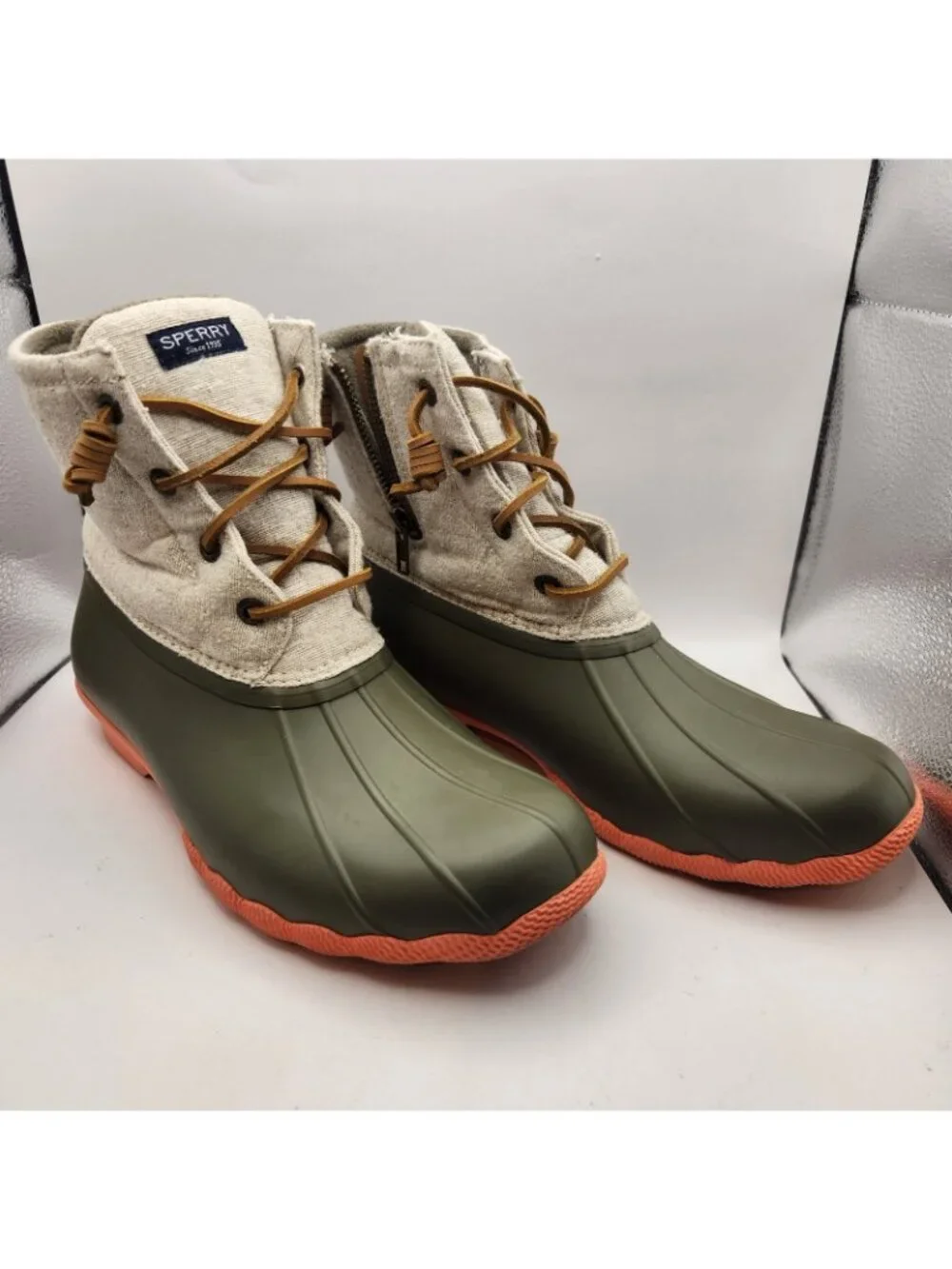 Sperry Topsider Saltwater Duck Boot Winter Shoe Rain Gray & Olive Green Side Zip